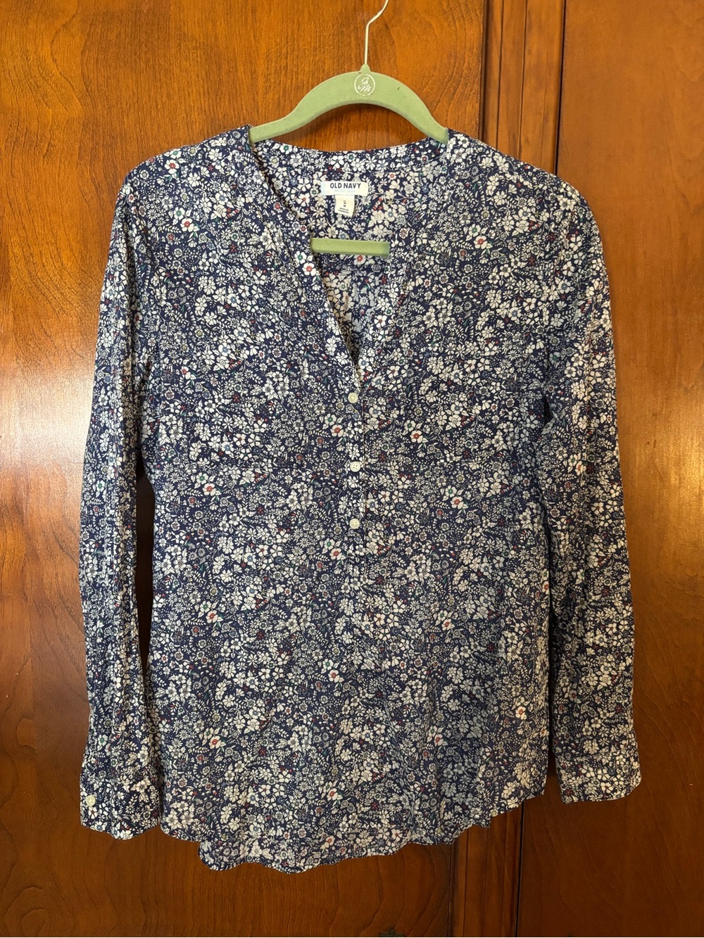 Old Navy Blue Floral Split Neck Blouse Lightweight Size M